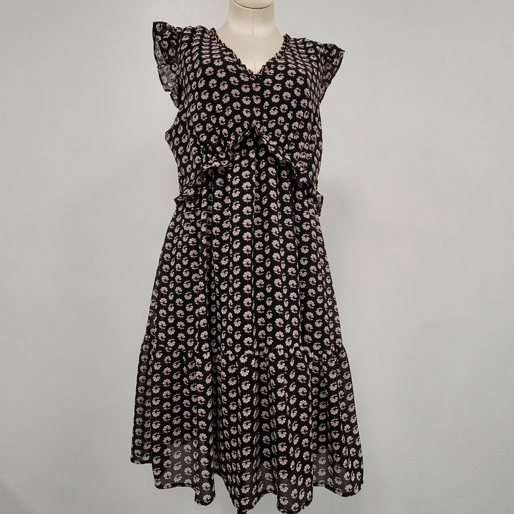 J Crew Womens Babydoll Dress Size 10 Knee Tiered Floral Trapeze Cap Sleeve Black